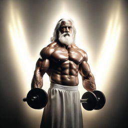 A majestic image of God lifting dumbbells, enveloped in an ethereal, holy light.