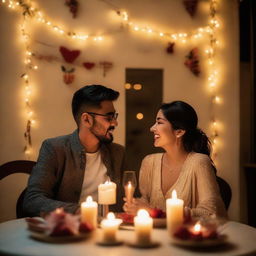 A loving couple joyfully celebrating their 8 month anniversary, surrounded by romantic ambiance with flickering candle light, a delicious feast on the table, and special anniversary decorations.