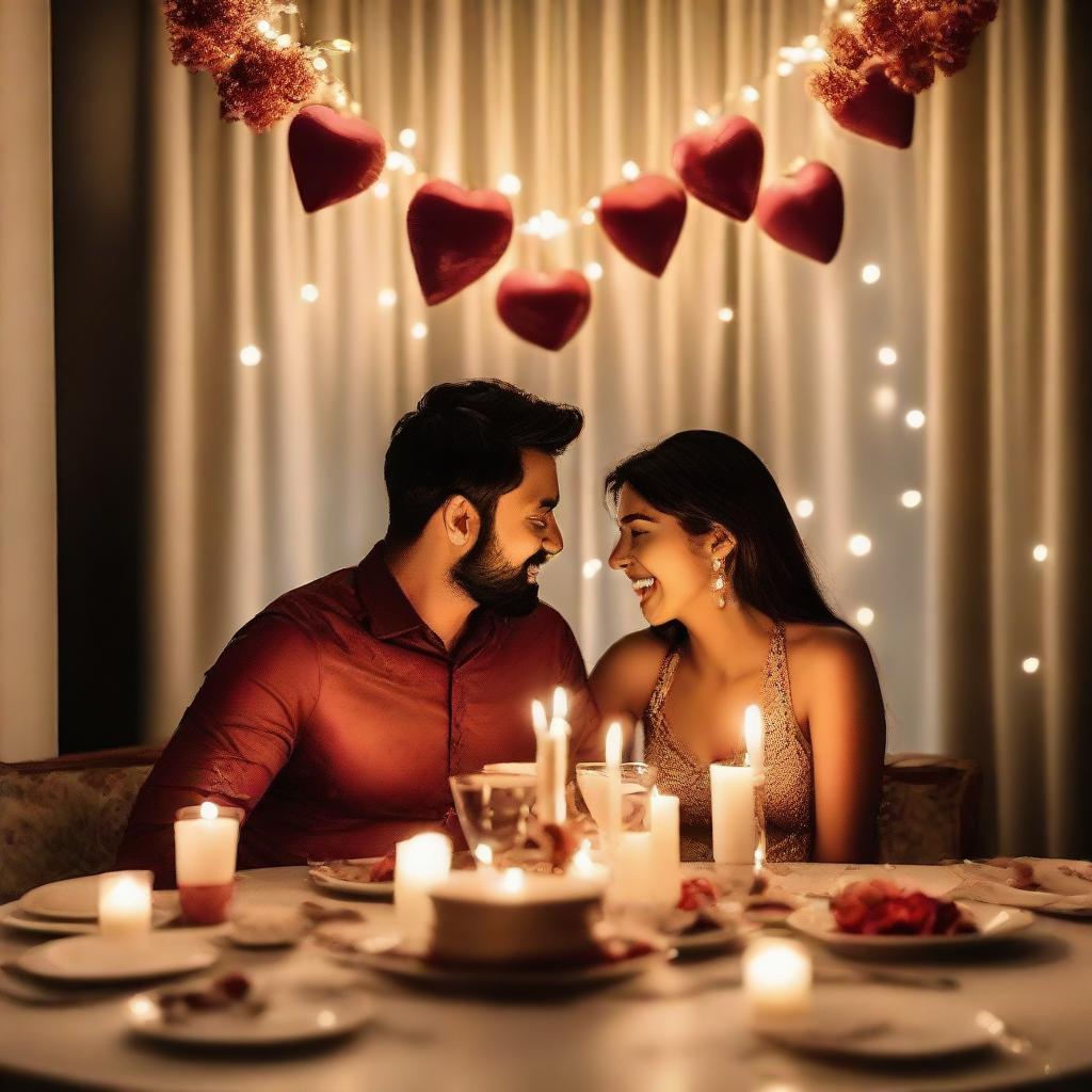 A loving couple joyfully celebrating their 8 month anniversary, surrounded by romantic ambiance with flickering candle light, a delicious feast on the table, and special anniversary decorations.