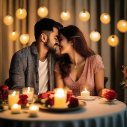 A loving couple joyfully celebrating their 8 month anniversary, surrounded by romantic ambiance with flickering candle light, a delicious feast on the table, and special anniversary decorations.