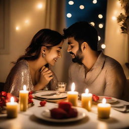 A loving couple joyfully celebrating their 8 month anniversary, surrounded by romantic ambiance with flickering candle light, a delicious feast on the table, and special anniversary decorations.