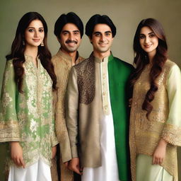 Generate an image portraying 'The 4 Friends' as Pakistani individuals, possibly wearing traditional Pakistani attire. The image should convey friendship and the rich cultural heritage of Pakistan.