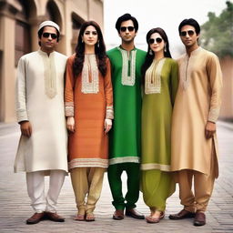 Generate an image portraying 'The 4 Friends' as Pakistani individuals, possibly wearing traditional Pakistani attire. The image should convey friendship and the rich cultural heritage of Pakistan.