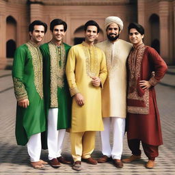 Generate an image portraying 'The 4 Friends' as Pakistani individuals, possibly wearing traditional Pakistani attire. The image should convey friendship and the rich cultural heritage of Pakistan.