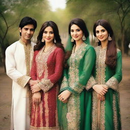 Generate an image portraying 'The 4 Friends' as Pakistani individuals, possibly wearing traditional Pakistani attire. The image should convey friendship and the rich cultural heritage of Pakistan.