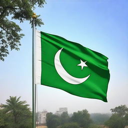 The flag of Pakistan proudly hoisted in a peaceful and sunny setting in India, symbolizing unity and friendship.