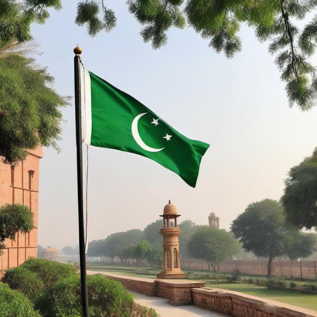 The flag of Pakistan proudly hoisted in a peaceful and sunny setting in India, symbolizing unity and friendship.