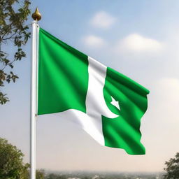 The flag of Pakistan proudly hoisted in a peaceful and sunny setting in India, symbolizing unity and friendship.