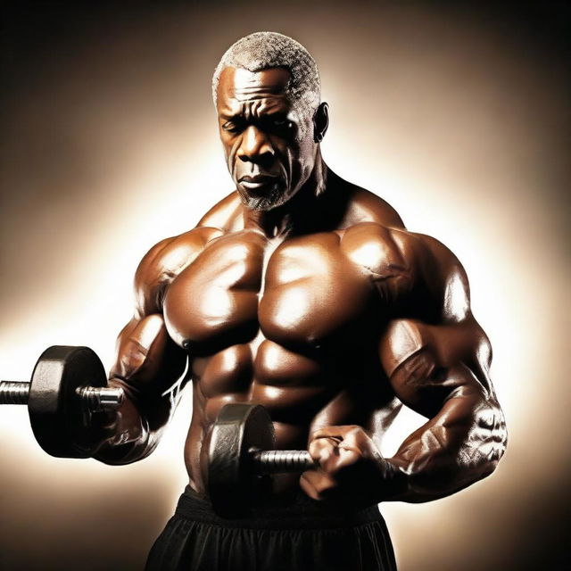 An awe-inspiring image of God showcasing true masculine power while lifting dumbbells, bathed in a glorious holy light.