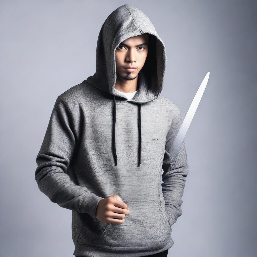 A Malay man wearing a hoodie, holding a sword out in a confident stance.