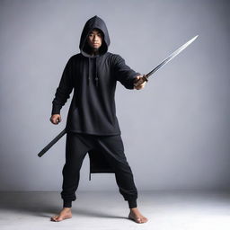 A Malay man wearing a hoodie, holding a sword out in a confident stance.