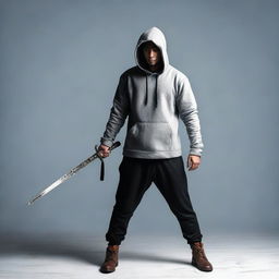 A Malay man wearing a hoodie, holding a sword out in a confident stance.