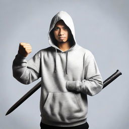 A Malay man wearing a hoodie, holding a sword out in a confident stance.