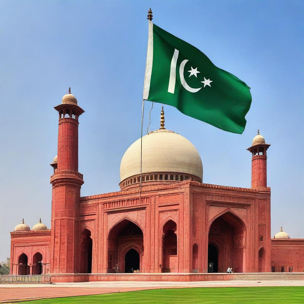 The Pakistani flag flying proudly in front of the intricately detailed and time-honored Badshahi Mosque, set against a clear, blue sky.