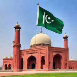 The Pakistani flag flying proudly in front of the intricately detailed and time-honored Badshahi Mosque, set against a clear, blue sky.