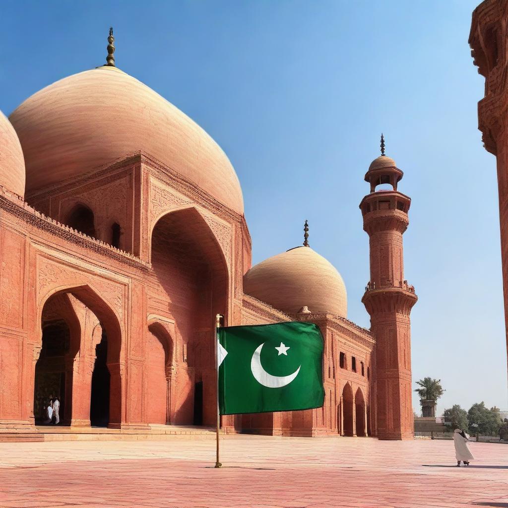 The Pakistani flag flying proudly in front of the intricately detailed and time-honored Badshahi Mosque, set against a clear, blue sky.