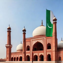 The Pakistani flag flying proudly in front of the intricately detailed and time-honored Badshahi Mosque, set against a clear, blue sky.