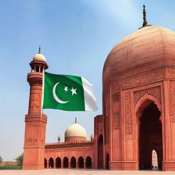 The Pakistani flag flying proudly in front of the intricately detailed and time-honored Badshahi Mosque, set against a clear, blue sky.