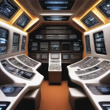 The spaceship's interior was filled with high-tech gadgets and large control panels with glowing grids.