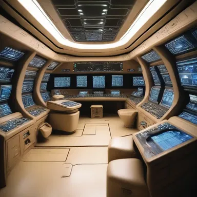The spaceship's interior was filled with high-tech gadgets and large control panels with glowing grids.
