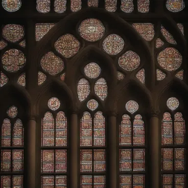 The stained-glass windows of the cathedral were adorned with intricate grid-like designs representing divine order.