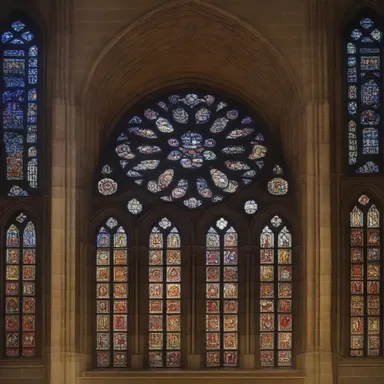 The stained-glass windows of the cathedral were adorned with intricate grid-like designs representing divine order.