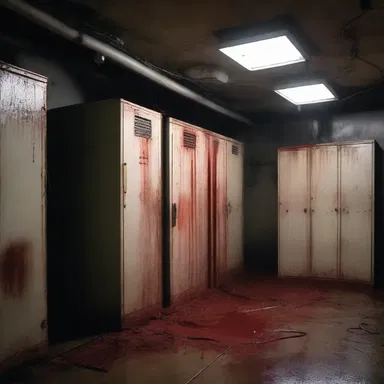 In the dark basement, they discovered an old storage-battery grid covered in blood, a chilling sight in the horror movie set.