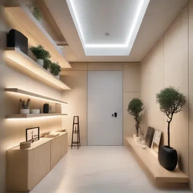 The minimalist interior design of the house featured a unique storage-battery grid as a decorative element on the wall.