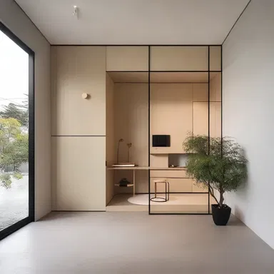 The minimalist interior design of the house featured a unique storage-battery grid as a decorative element on the wall.