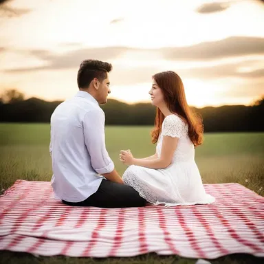 As the sun set, the couple sat on the grid of the picnic blanket, basking in the romantic atmosphere.