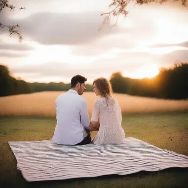 As the sun set, the couple sat on the grid of the picnic blanket, basking in the romantic atmosphere.
