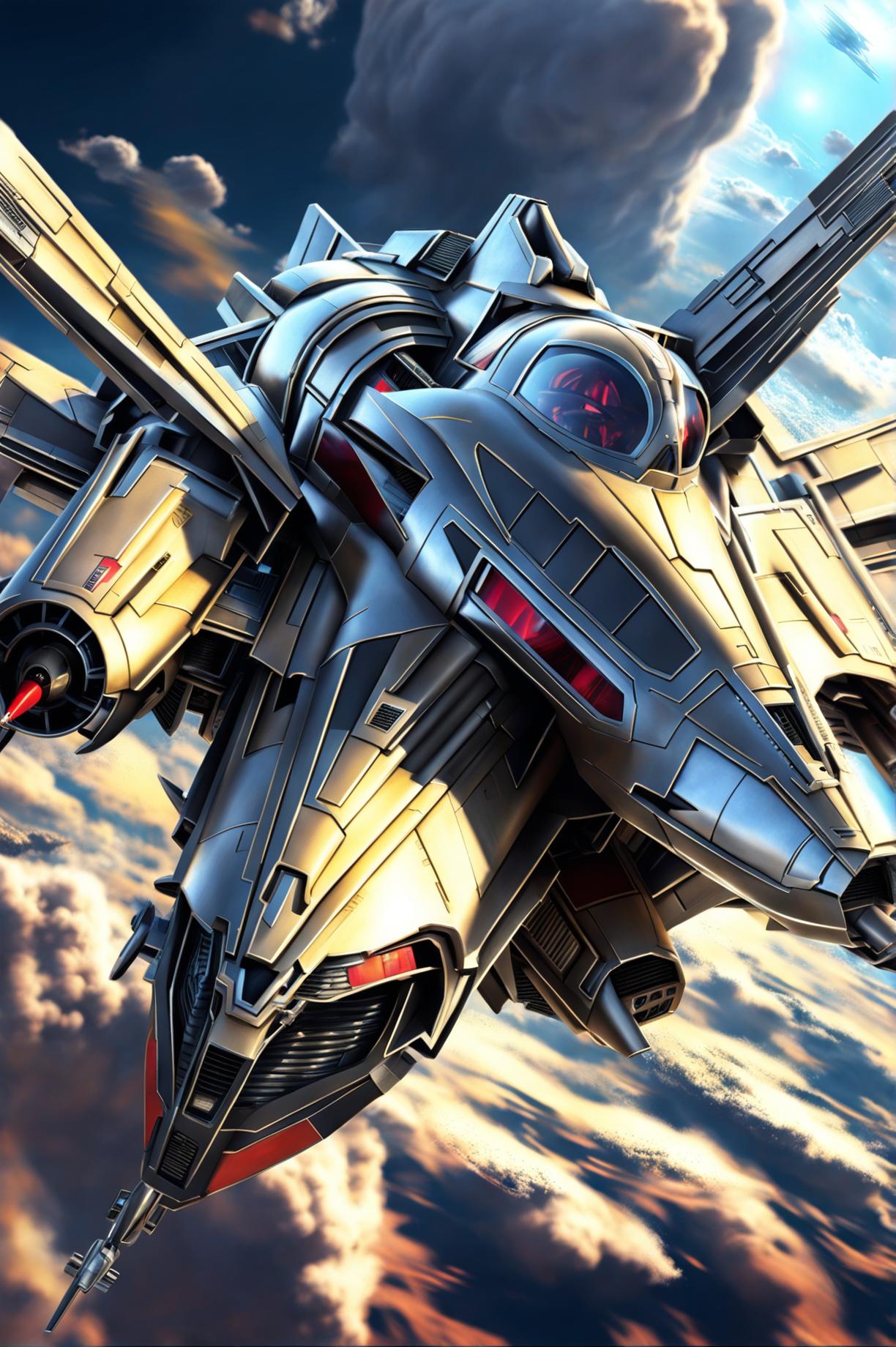 High-definition digital art of Megatron, from Transformers, transformed into a weaponized jet plane soaring through the sky