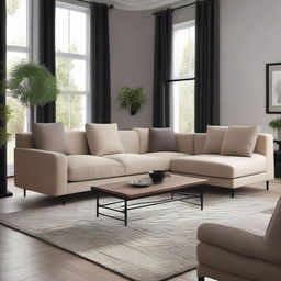 A comfortable and elegantly designed sofa in a cozy living room setting