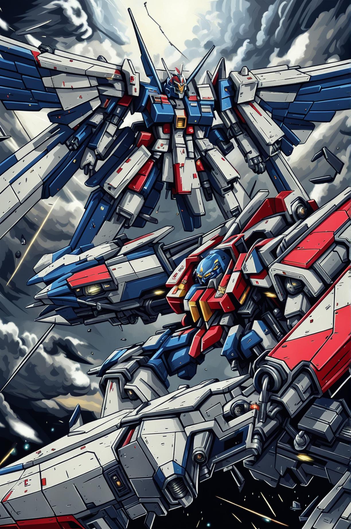 High-definition digital art of an epic mid-air battle between a winged Gundam and a jet Transformer
