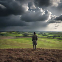 A solitary man standing in the vast landscapes of the countryside under a dramatic sky.