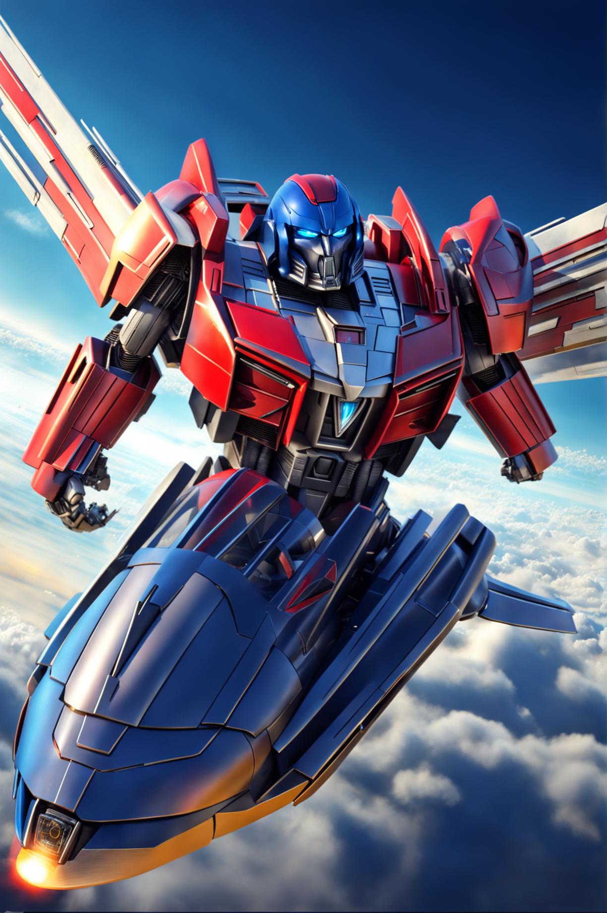 High-definition CGI art of Optimus Prime, from Transformers, transformed into a jet plane