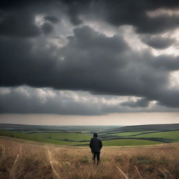 A solitary man standing in the vast landscapes of the countryside under a dramatic sky.