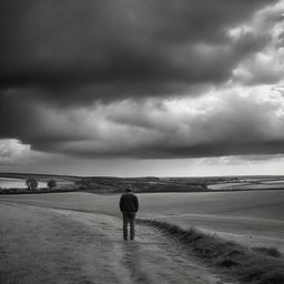 A solitary man standing in the vast landscapes of the countryside under a dramatic sky.