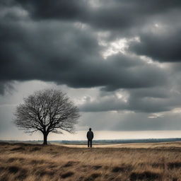 A solitary man standing in the vast landscapes of the countryside under a dramatic sky.