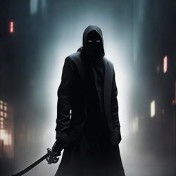 A stealthy ninja in a black suit and mask, immersed in the shadows yet radiating an aura of power and mystery