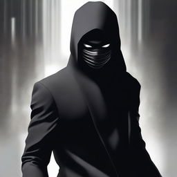 A stealthy ninja in a black suit and mask, immersed in the shadows yet radiating an aura of power and mystery