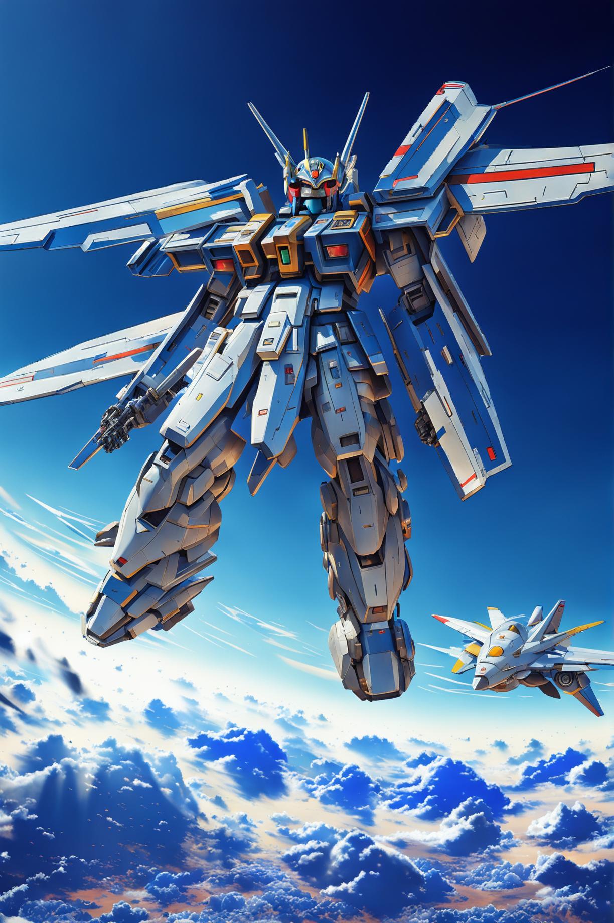 A high-definition 3D digital art piece featuring the Gundam Wing and a mecha jet plane against a clear blue sky