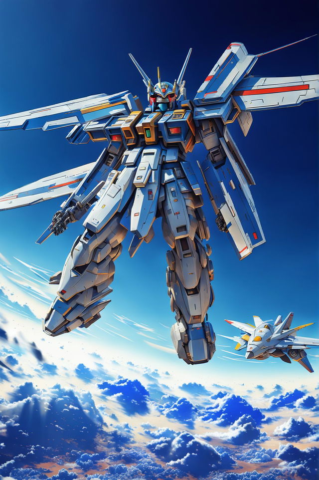 A high-definition 3D digital art piece featuring the Gundam Wing and a mecha jet plane against a clear blue sky