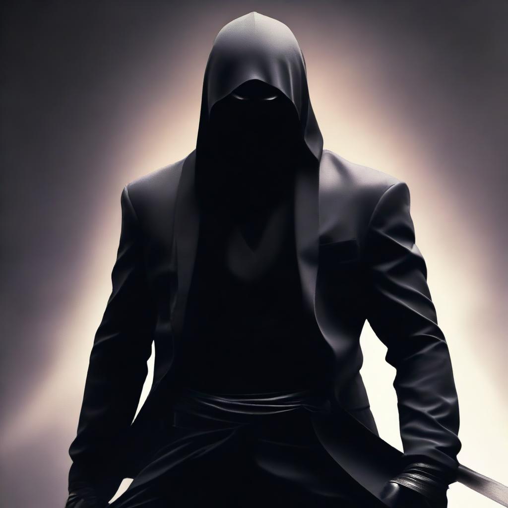 A stealthy ninja in a black suit and mask, immersed in the shadows yet radiating an aura of power and mystery