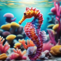 A seahorse made of water swimming in a vibrant coral reef filled with marine life and exotic sea plants under the bright sunlight.