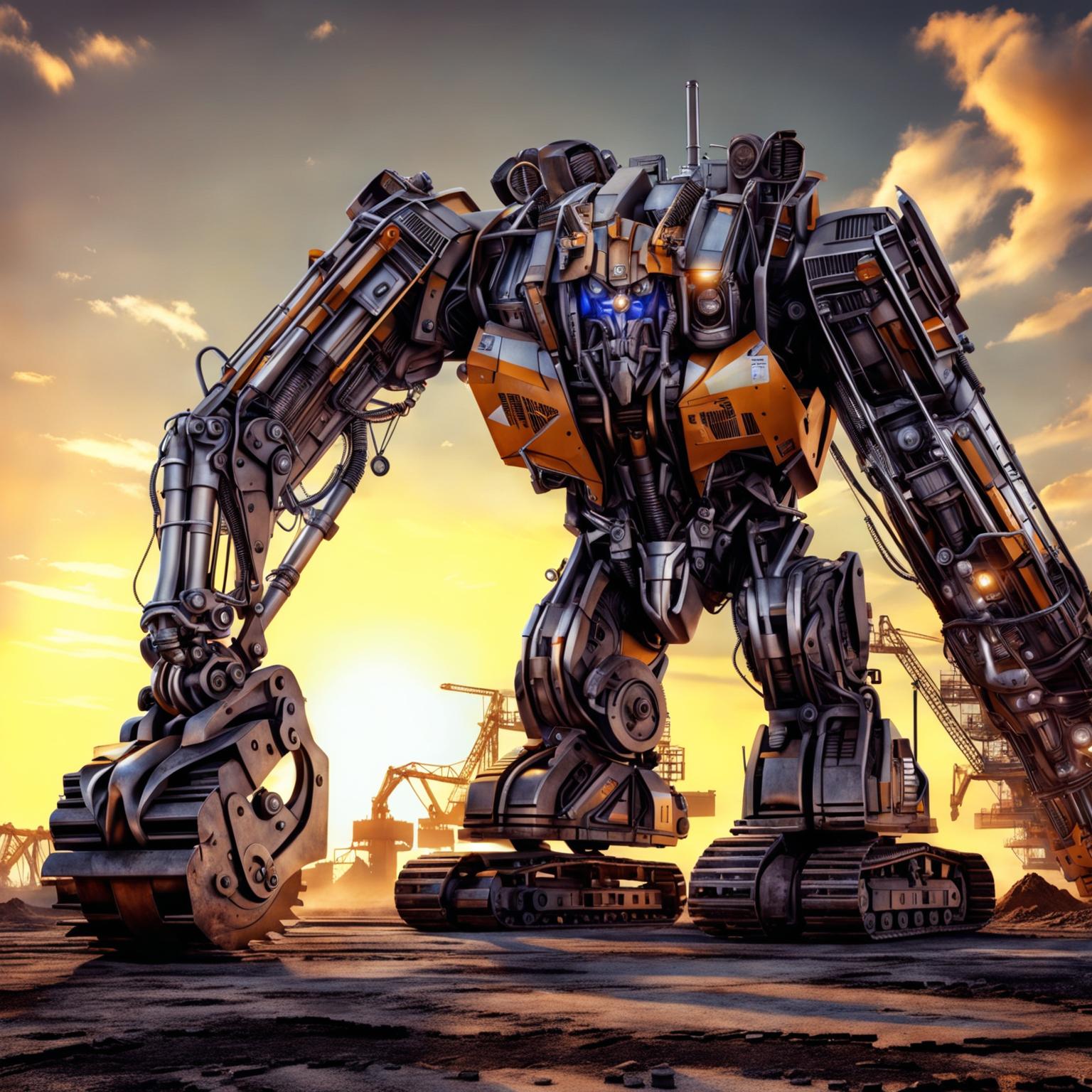 A 4K digital art image showcasing an excavator transforming into a Transformer