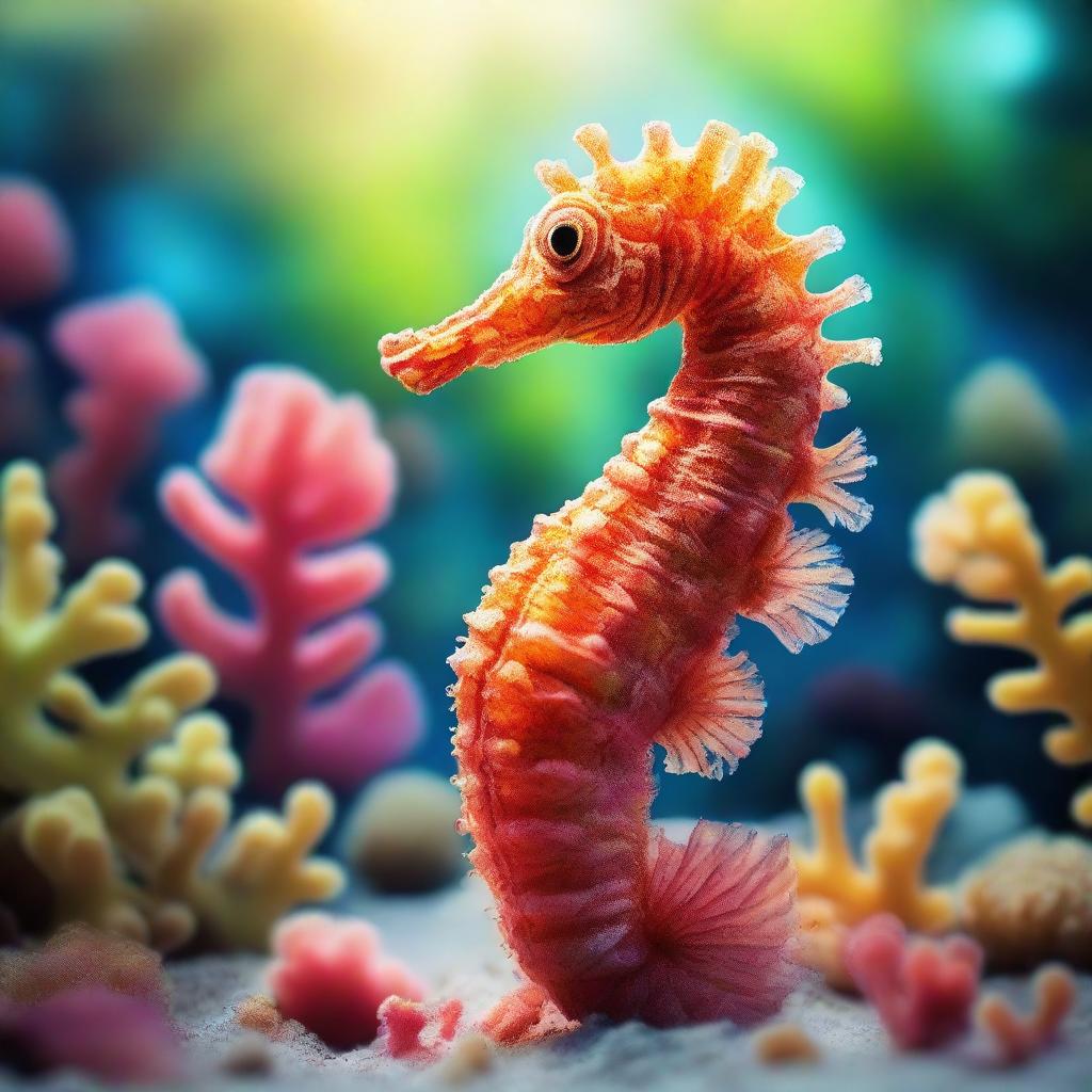 A seahorse made of water swimming in a vibrant coral reef filled with marine life and exotic sea plants under the bright sunlight.