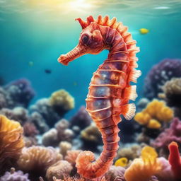 A seahorse made of water swimming in a vibrant coral reef filled with marine life and exotic sea plants under the bright sunlight.