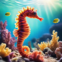 A seahorse made of water swimming in a vibrant coral reef filled with marine life and exotic sea plants under the bright sunlight.