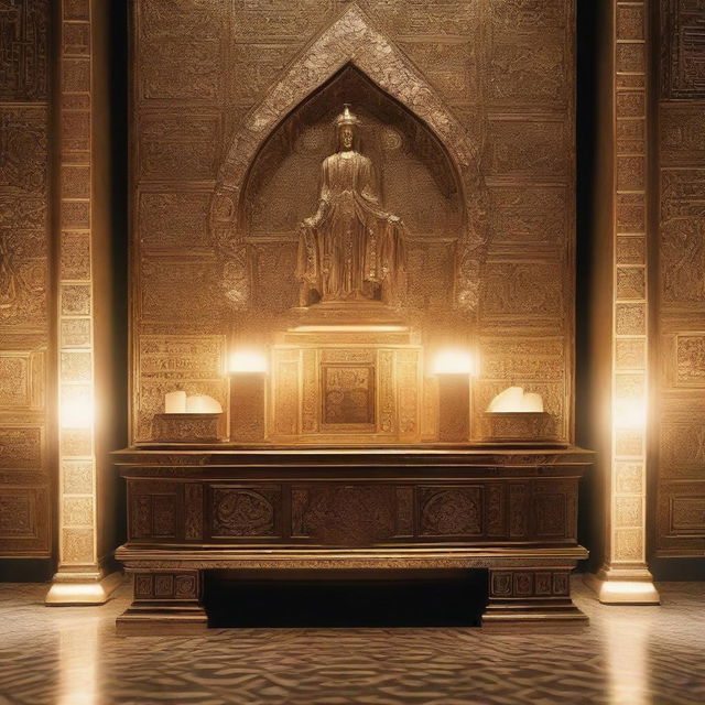 An altar built intricately with toasters, set in a divine setting with light casting a holy glow on the metallic surfaces.